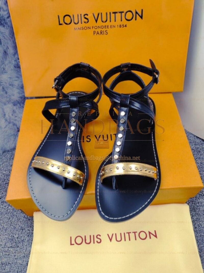 Replica Louis Vuitton Black Silver-Tone Flat Sandals