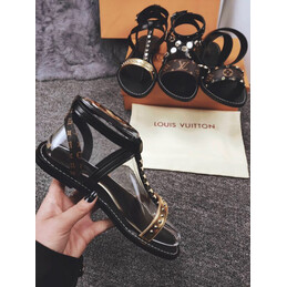 Replica Louis Vuitton Black Silver-Tone Flat Sandals