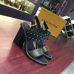 Replica Louis Vuitton White Black Studded Block Heel Sandals