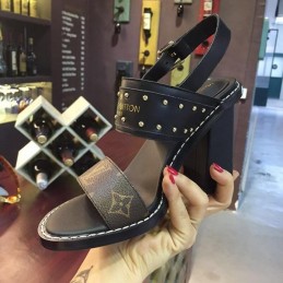 Replica Louis Vuitton White Black Studded Block Heel Sandals