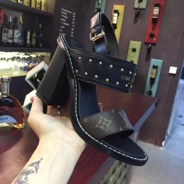 Replica Louis Vuitton White Black Studded Block Heel Sandals