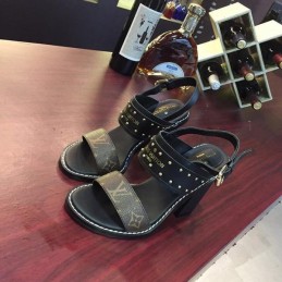 Replica Louis Vuitton White Black Studded Block Heel Sandals