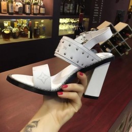 Replica Louis Vuitton White Black Studded Block Heel Sandals