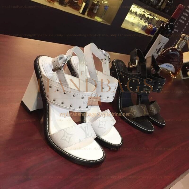 Replica Louis Vuitton White Black Studded Block Heel Sandals