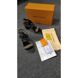 Replica Louis Vuitton Black Gold-Tone T-Strap Block Heel Sandals