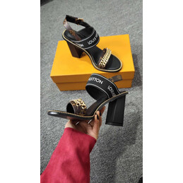 Replica Louis Vuitton Black Gold-Tone T-Strap Block Heel Sandals