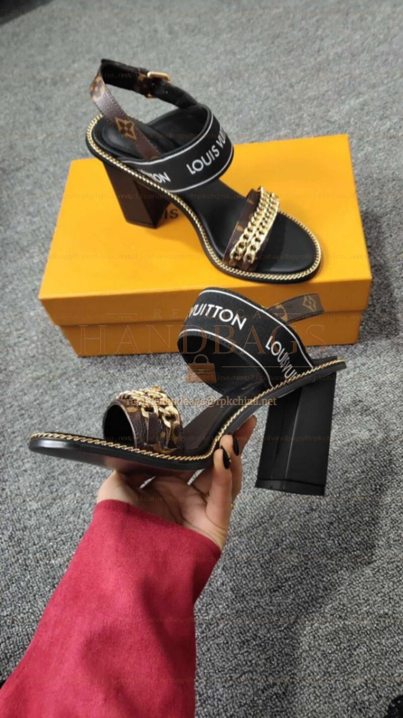 Replica Louis Vuitton Black Gold-Tone T-Strap Block Heel Sandals