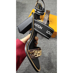 Replica Louis Vuitton Black Gold-Tone T-Strap Block Heel Sandals