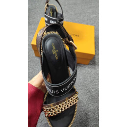 Replica Louis Vuitton Black Gold-Tone T-Strap Block Heel Sandals