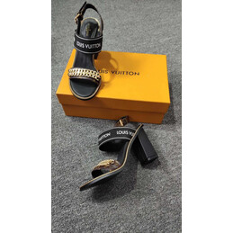 Replica Louis Vuitton Black Gold-Tone T-Strap Block Heel Sandals