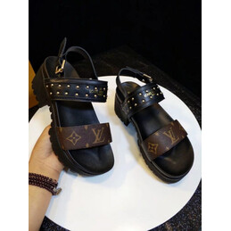 Replica Louis Vuitton Black Brown Monogram Flat Sandals