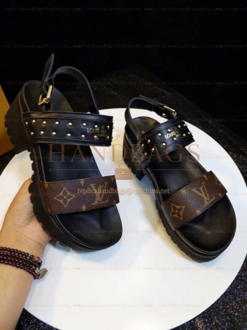 Replica Louis Vuitton Black Brown Monogram Flat Sandals