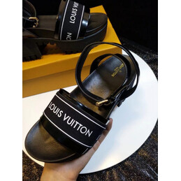 Replica Louis Vuitton Black Letter Strap Flat Sandals