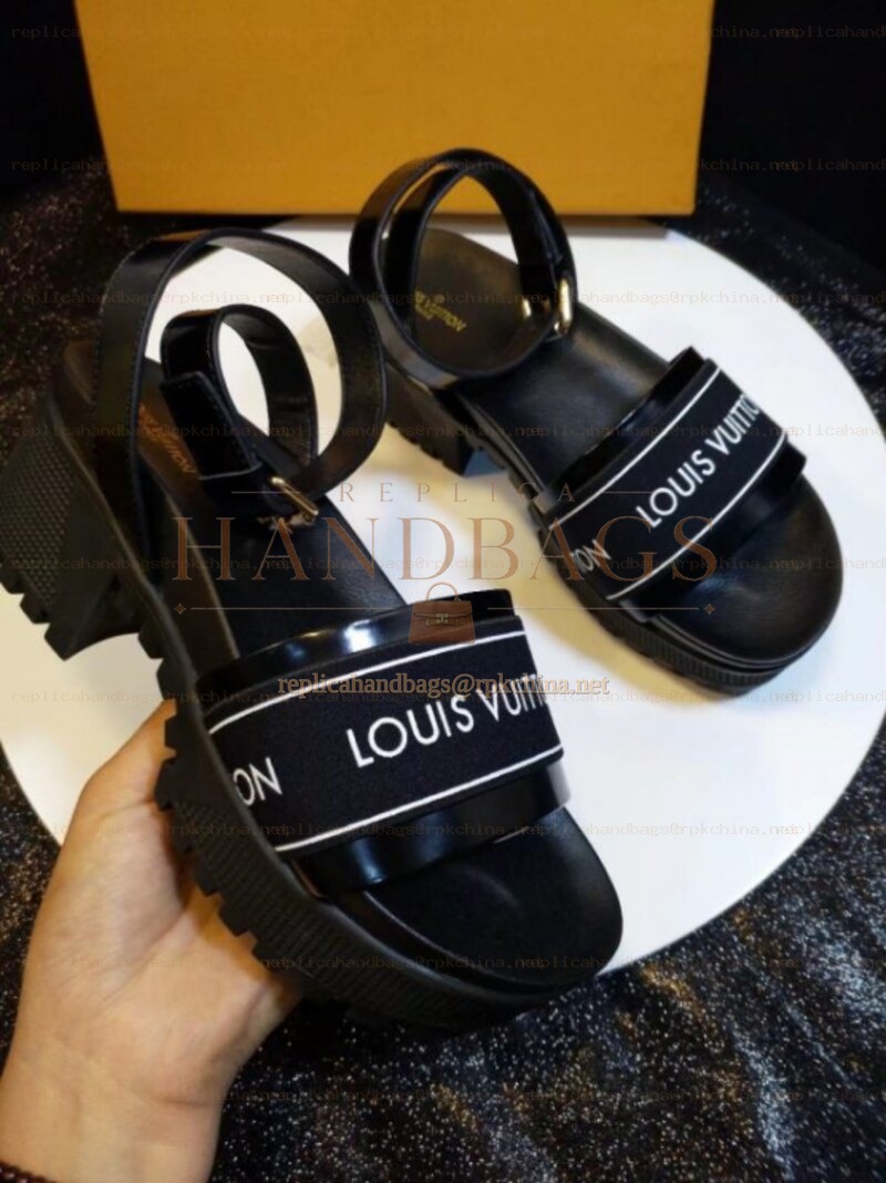 Replica Louis Vuitton Black Letter Strap Flat Sandals