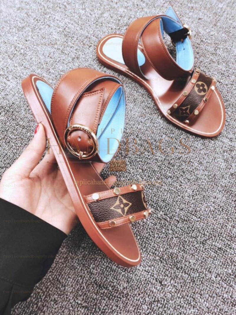 Replica Louis Vuitton Tan Brown Monogram Flat Sandals