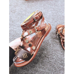 Replica Louis Vuitton Tan Brown Monogram Studded Flat Sandals