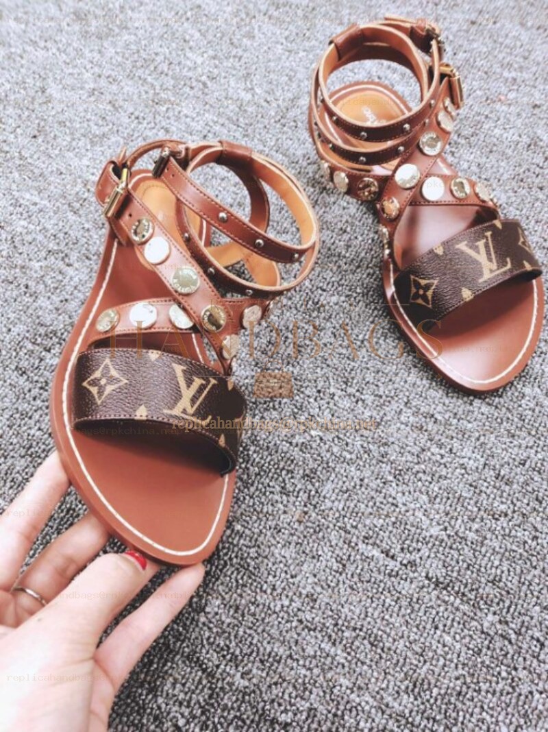 Replica Louis Vuitton Tan Brown Monogram Studded Flat Sandals