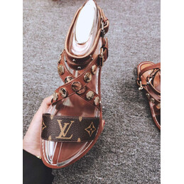 Replica Louis Vuitton Tan Brown Monogram Studded Flat Sandals