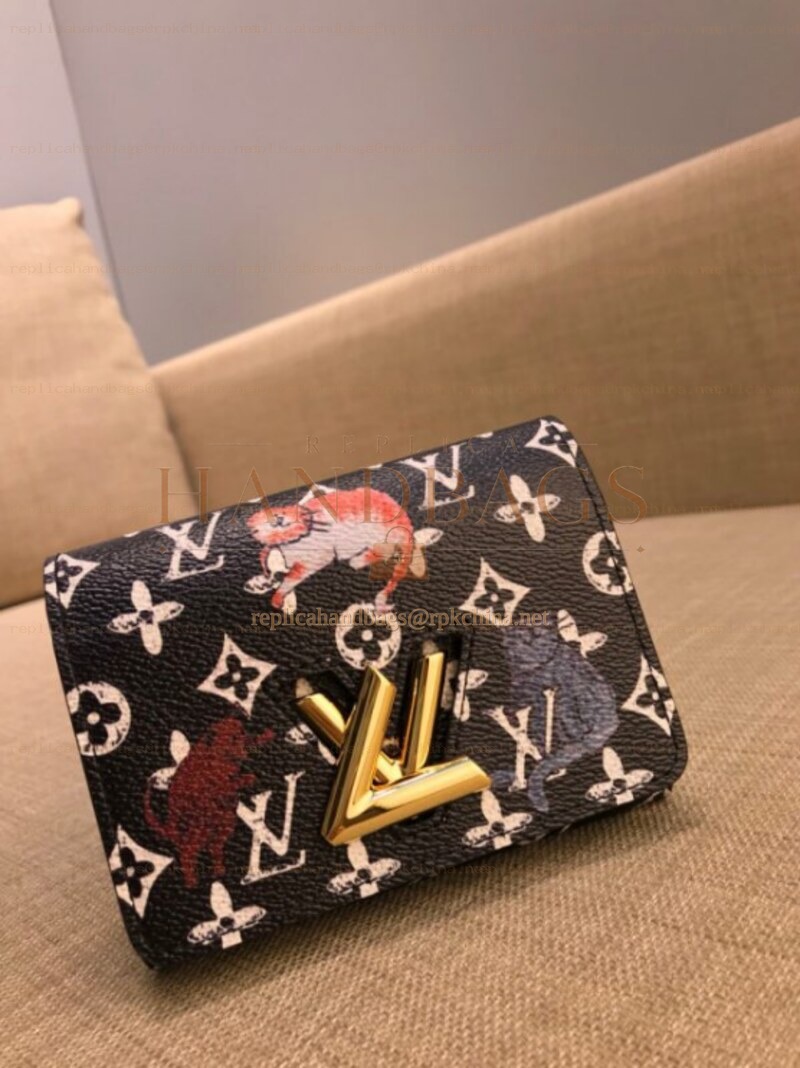 Replica Louis Vuitton Black White Monogram Character Twist Compact Wallet