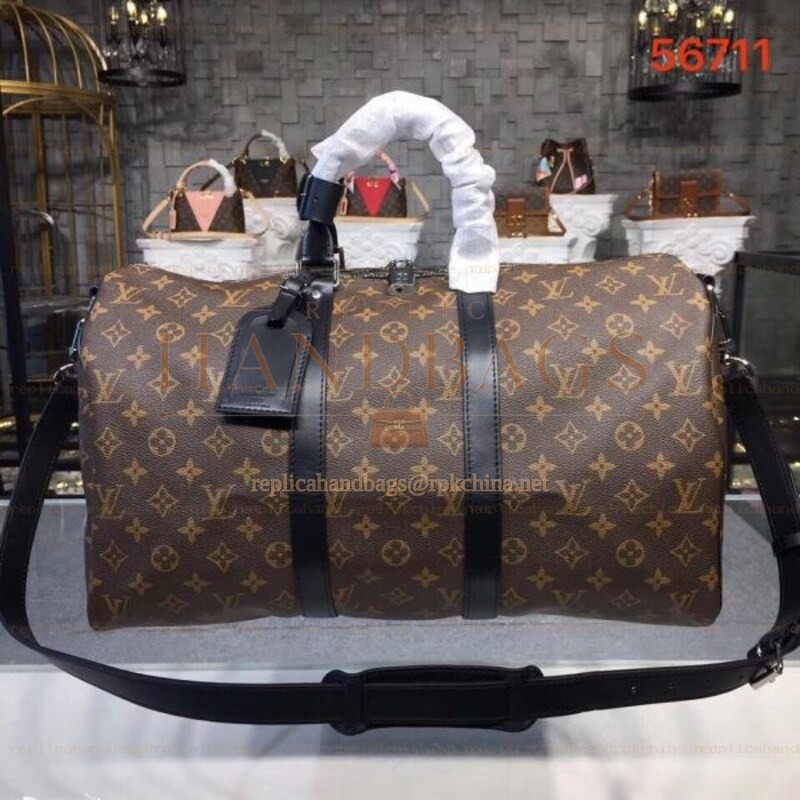 Replica Louis Vuitton Brown Monogram Black Trim Keepall Bandouliere 45