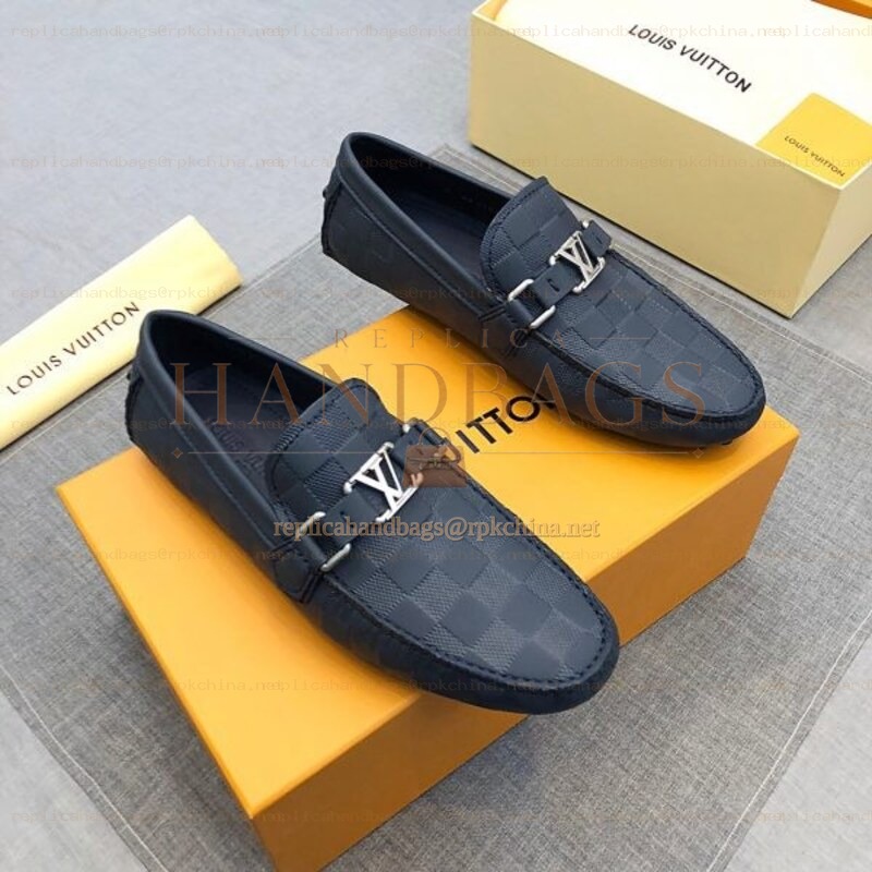 Replica Louis Vuitton Navy Damier LV Buckle Driver Loafers