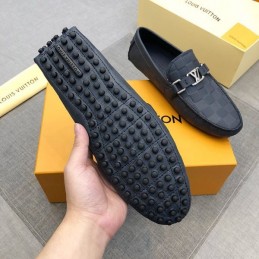 Replica Louis Vuitton Navy Damier LV Buckle Driver Loafers