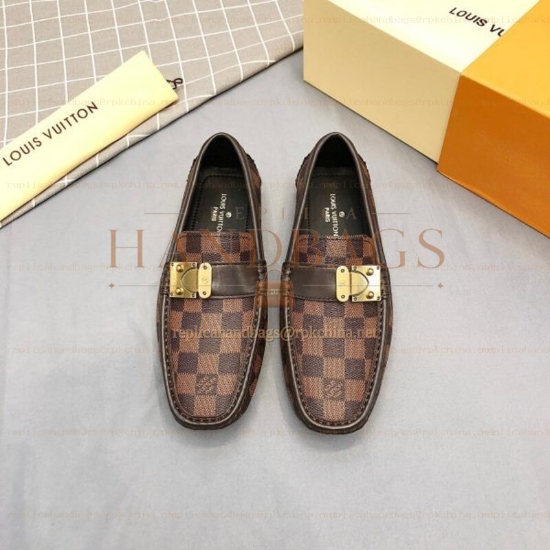 Replica Louis Vuitton Brown Damier Gold Buckle Loafers
