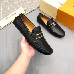 Replica Louis Vuitton Black Leather Gold LV Loafers