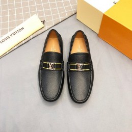 Replica Louis Vuitton Black Leather Gold LV Loafers