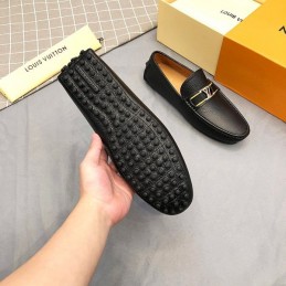Replica Louis Vuitton Black Leather Gold LV Loafers