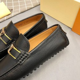 Replica Louis Vuitton Black Leather Gold LV Loafers