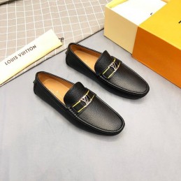 Replica Louis Vuitton Black Leather Gold LV Loafers