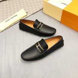 Replica Louis Vuitton Black Leather Gold LV Loafers
