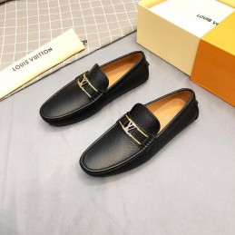 Replica Louis Vuitton Black Leather Gold LV Loafers