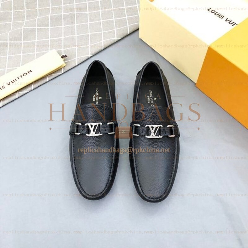 Replica Louis Vuitton Black Leather Silver LV Loafers - Style 2