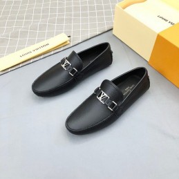 Replica Louis Vuitton Black Leather Silver LV Loafers - Style 2