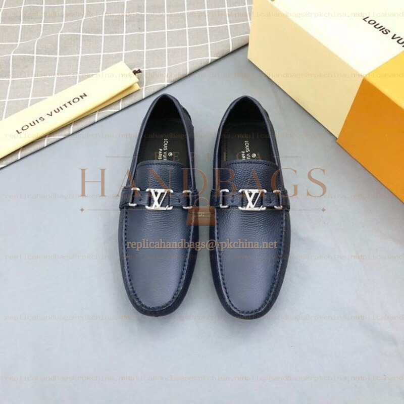 Replica Louis Vuitton Navy Leather LV Chain Loafers