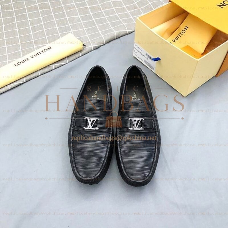 Replica Louis Vuitton Black Epi Leather Silver LV Loafers