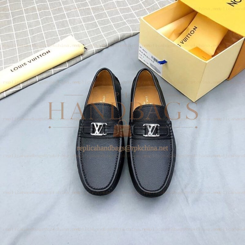 Replica Louis Vuitton Black Leather Silver LV Driver Loafers