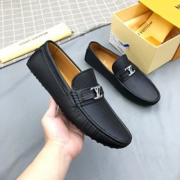 Replica Louis Vuitton Black Leather Silver LV Driver Loafers