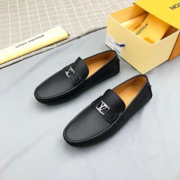 Replica Louis Vuitton Black Leather Silver LV Driver Loafers