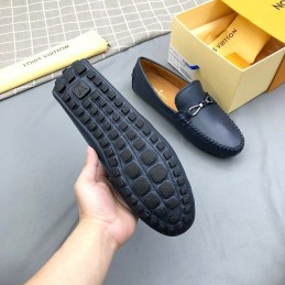 Replica Louis Vuitton Navy Leather Horsebit Loafers