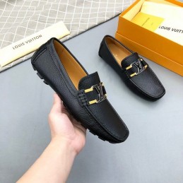 Replica Louis Vuitton Black Leather Gold LV Driver Loafers
