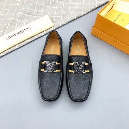 Replica Louis Vuitton Black Leather Gold LV Driver Loafers