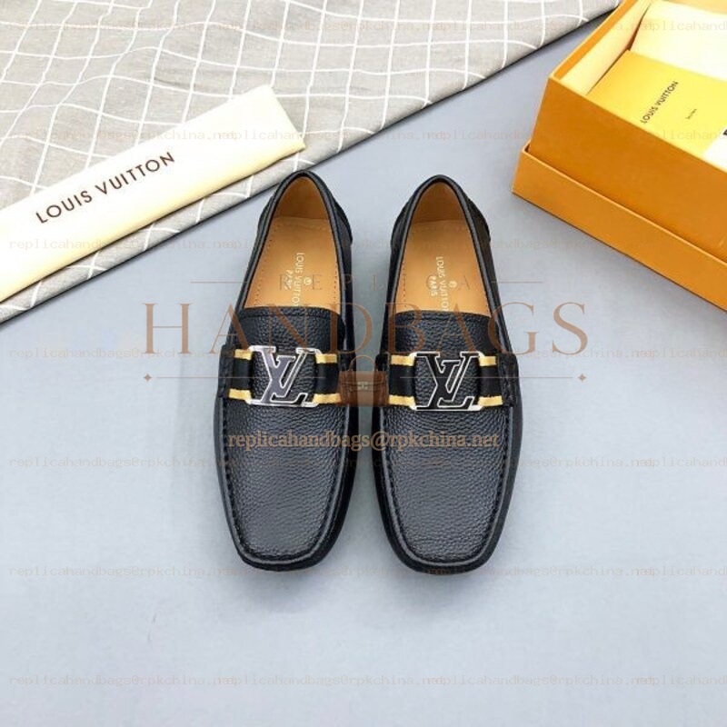Replica Louis Vuitton Black Leather Gold LV Driver Loafers