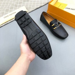 Replica Louis Vuitton Black Leather Gold LV Driver Loafers