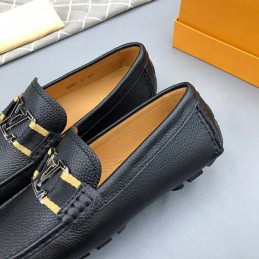 Replica Louis Vuitton Black Leather Gold LV Driver Loafers