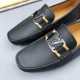 Replica Louis Vuitton Black Leather Gold LV Driver Loafers