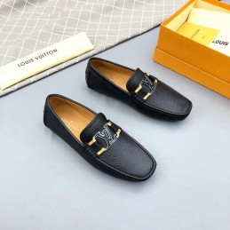 Replica Louis Vuitton Black Leather Gold LV Driver Loafers