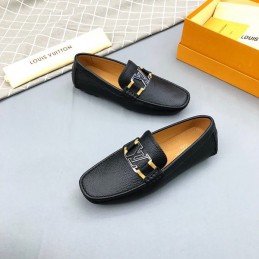 Replica Louis Vuitton Black Leather Gold LV Driver Loafers